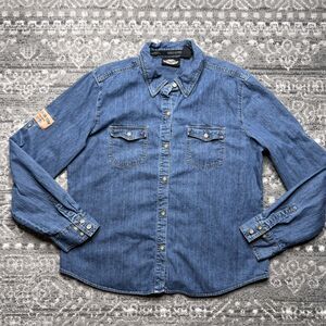 Vintage Harley Davidson Denim Button Up Shirt Womens XL Blue Sleeve Patch